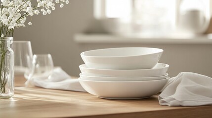 Essential white dinnerware collection, modern kitchen ceramics, simple curved bowls, stacked dinner plates, wooden tabletop staging, soft focus background, lifestyle product photography