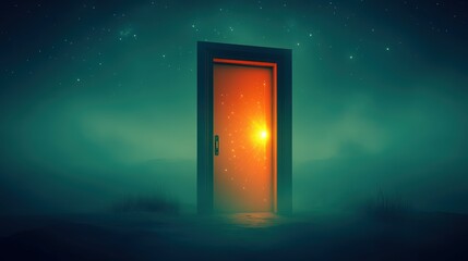 Mysterious Doorway Illuminated by Cosmic Light in a Dreamlike Foggy Landscape at Night