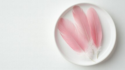 Three delicate pink feathers placed on a sleek white dish, symbolizing minimalism and light portions. Copy space included for text overlay.