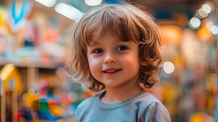 happy child in a toy store. gifts for children. portrait of a child