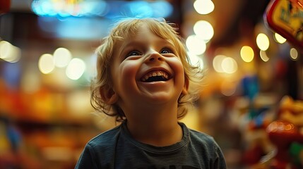 happy child in a toy store. gifts for children. portrait of a child