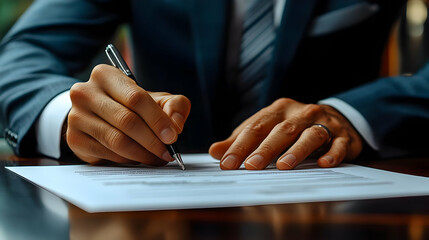 Businessman Signs a Contract Document with a Pen at a Table