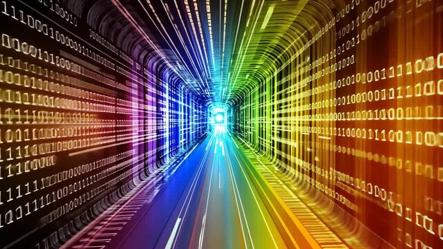 Dynamic tunnel of colorful binary codes illustrating the concept of digital data transfer