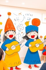 Fototapeta premium Joyful Girls Playfully Singing with Guitars in Whimsical Illustration. AI Generated