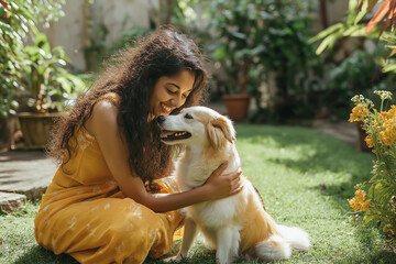 Fototapeta na wymiar A woman is sitting on the grass with a dog