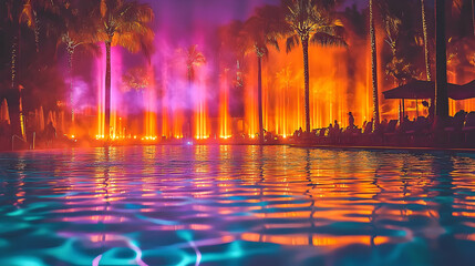 Tropical Night Pool Party with Illuminated Fountains and Palm Trees Reflecting Beautifully