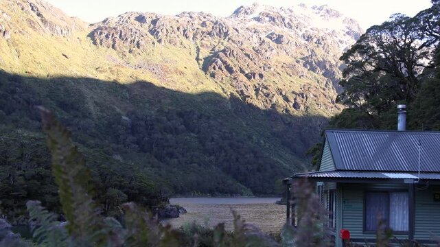 Wooden cottage on the Routeburn Track in Otago region in the South Island of New Zealand