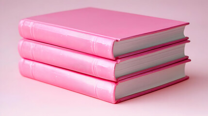Three Pink Books Stacked Neatly on a Pink Surface Creates a Visually Appealing Arrangement.