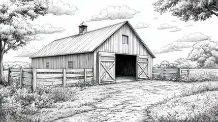 Rustic wooden barn with open doors, wooden fence, and rural landscape.