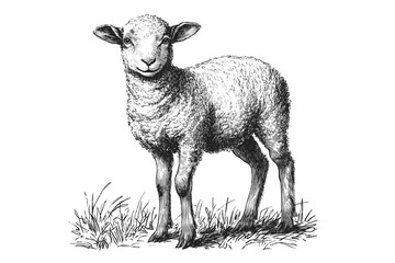 Naklejka premium Sheep, lamb. Vintage retro print, black white sheep lamb sketch ink pencil style drawing, engrave old school. Sketch artwork silhouette farm sheep lamb. Side view profile. Illustration