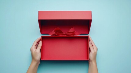 Valentines day. Female hands opening empty red elegant luxury box with ribbon. Mockup present gift box on light blue background. Top view