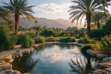 Idyllic pond with palm trees reflecting in the water during golden sunset