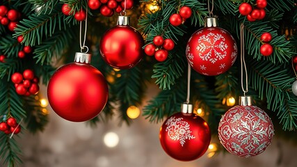 Naklejka premium Christmas Red Silver Balls Fir Garland Border - Holiday Decor AI Art