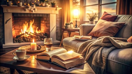 Fototapeta premium Cozy Living Room Corner with Soft Blankets, Cushions, and Open Book - Serenity, Comfort, Relaxation, Home Decor, Interior Design, Tranquil Atmosphere, Reading Nook, Warmth, Cozy Vibes, Inviting Space