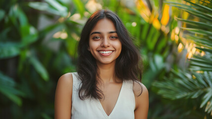 A woman with long hair is smiling in front of a green background