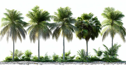 Five palm trees and tropical plants thrive on a rocky ground against a clear white background.