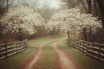 Fototapeta premium Orchard pathway in full bloom under warm golden light