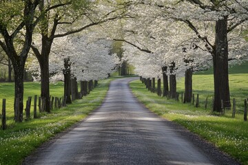 Scenic rural road surrounded by blooming cherry blossom trees