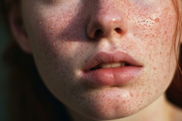 Fototapeta premium Close up of a woman's face highlighting freckles, sweat, and skin texture, emphasizing natural beauty