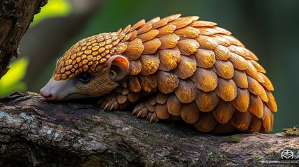 Obraz premium A pangolin, featuring glistening scales, is nestled in its natural surroundings, underscoring the necessity for conservation efforts for this endangered species.