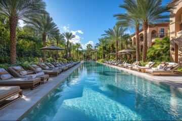 Obraz premium Luxury swimming pool surrounded by palm trees and sun loungers