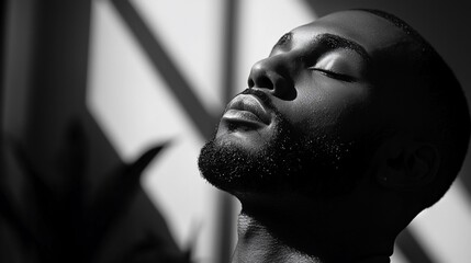 Naklejka premium Black and white close-up portrait of a serene young man with eyes closed, illuminated by sunlight.