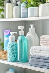 Organized Bathroom Shelf With Personal Care Products And Towels, Minimalistic Interior Design