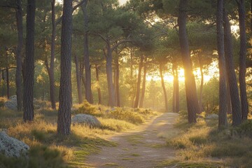 Fototapeta premium Sunlit forest path with vibrant greenery and shadows