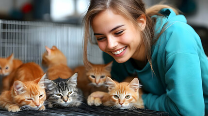 Smiling Young Woman Interacts with Adorable Kittens at an Animal Shelter or Rescue Center