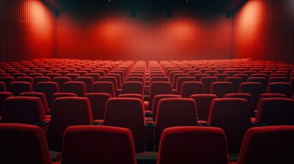 Empty Rows of Red Seats in a Modern Cinema Theater with Soft Lighting and Minimalist Design Creating a Serene Atmosphere