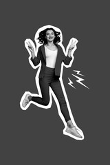 Creative photo 3d collage artwork poster postcard of positive pretty lady wear red suit demonstrate v-sign isolated on painting background