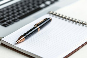 Top view of elegant workspace with coffee notebook and pen