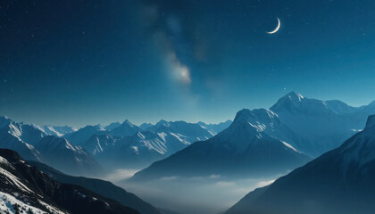 Stunning mountain landscape illuminated by a crescent moon in a starry sky