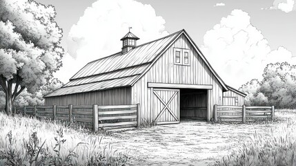 Black and white sketch of a rustic wooden barn with a large door, surrounded by a fence and trees.