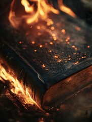Burning book with flames and smoke illustrating destruction and loss.