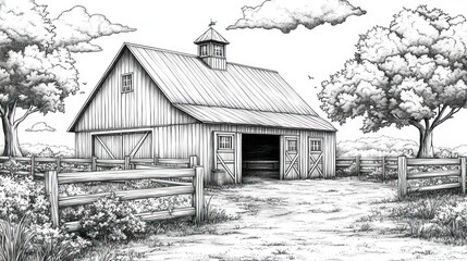 Rustic wooden barn in idyllic countryside setting, detailed pencil sketch.