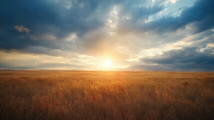 Obraz premium Serene sunset over expansive golden wheat field under dramatic clouds.