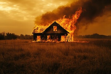 Abandoned house engulfed in flames amidst grassy field at sunset.
