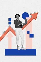 Vertical creative art collage of happy girl freelancer hold laptop chart development arrow success aim isolated on painting background