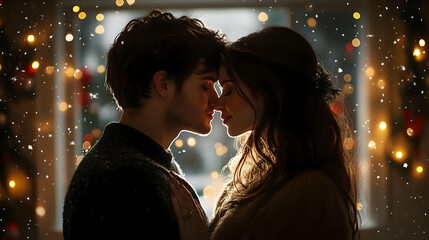 Romantic Couple Shares Intimate Moment Amidst Softly Falling Snow and Twinkling Lights of Festive Season.