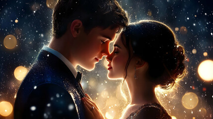Obraz premium Romantic Couple Shares Intimate Moment Under Soft, Glowing Snowfall at Night