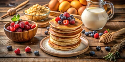 Fototapeta premium Delicious Pancakes with Fresh Ingredients - Cooking Essentials for Perfect Pancake Recipes