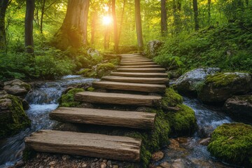 Fototapeta premium Lush forest with a wooden bridge over a mossy stream