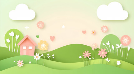 Fototapeta premium Pink house paper art spring landscape, pastel hills, flowers, clouds, greeting card design.