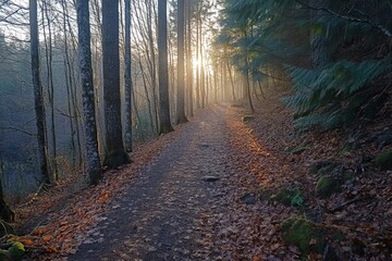 Obraz premium Quiet forest trail surrounded by trees and soft moss