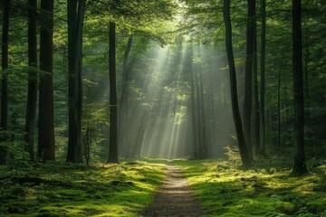 Obraz premium Peaceful forest with sun rays illuminating the mossy ground