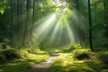 Obraz premium Mystical forest with sun rays piercing through dense trees