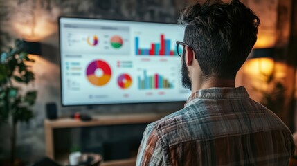 Young entrepreneur standing in front of a digital marketing analytics dashboard, strategizing ways to grow their online business."