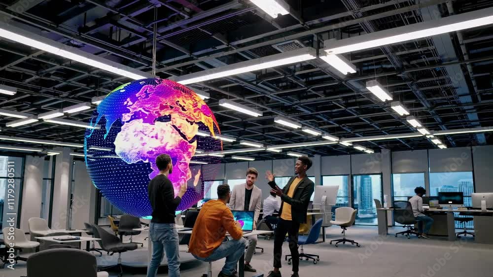 Leinwandbilder collaboration in modern office space featuring interactive globe and diverse team dynamics