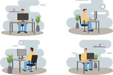 A Man working with a computer in different views. Vector illustration